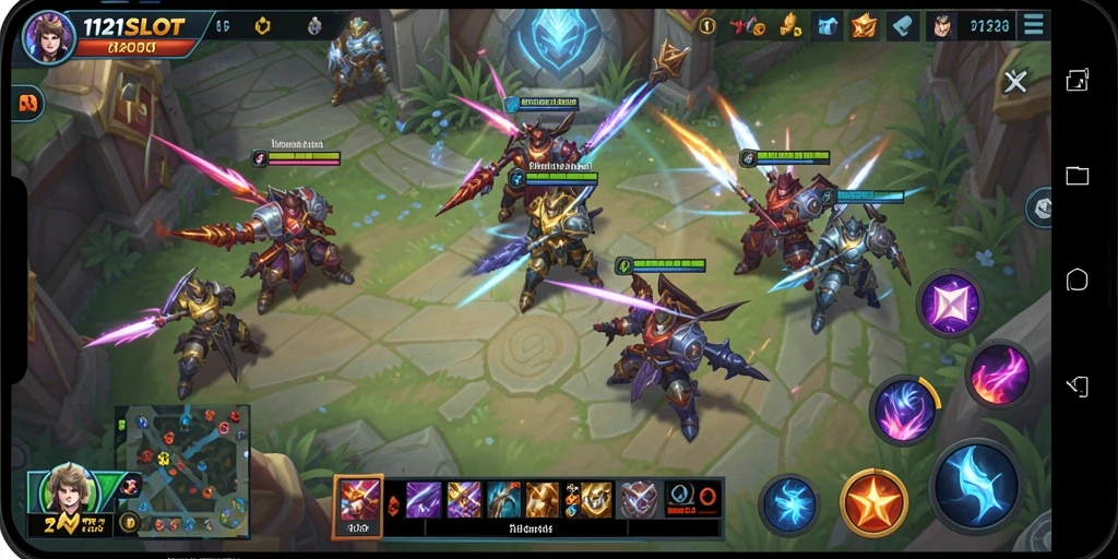 Screenshot gameplay seru dari 1121SLOT, menunjukkan aksi pertempuran MOBA.