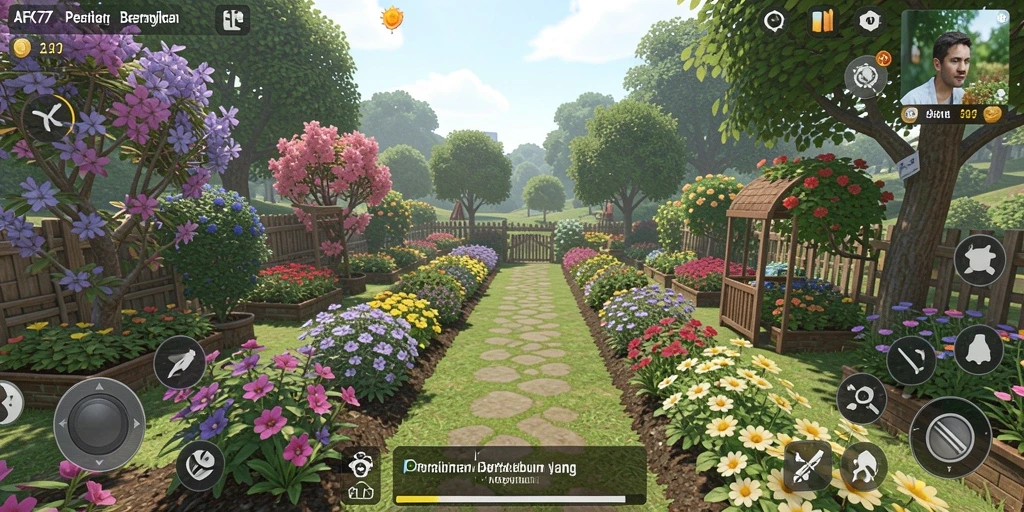 Tampilan screenshot gameplay AFK77 dengan kebun yang rimbun dan berwarna-warni.