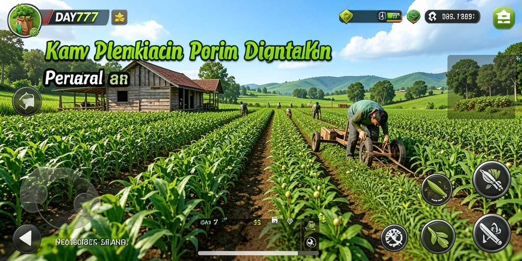 Screenshot gameplay DAY777 yang menampilkan ladang subur dan hewan peliharaan.