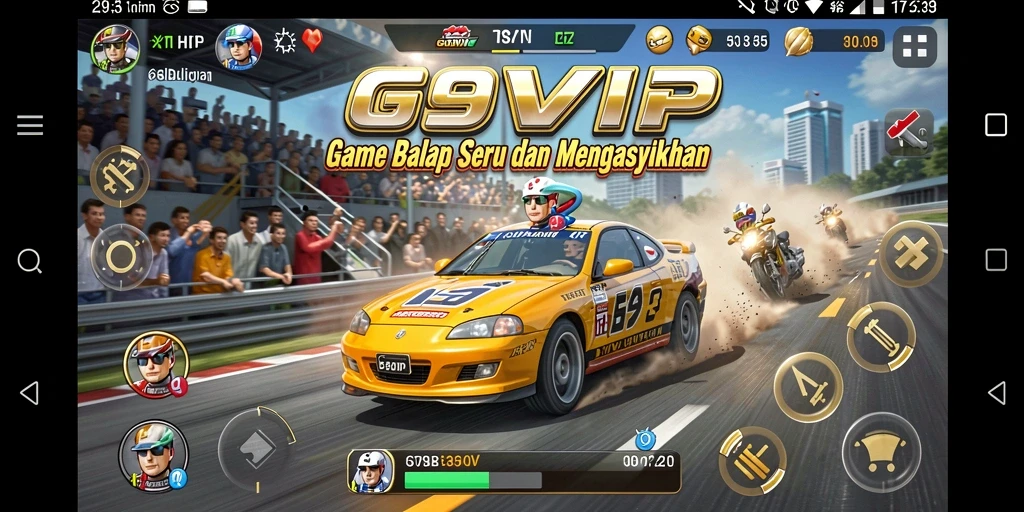 Gameplay seru G9VIP dengan mobil balap yang tangguh di lintasan.
