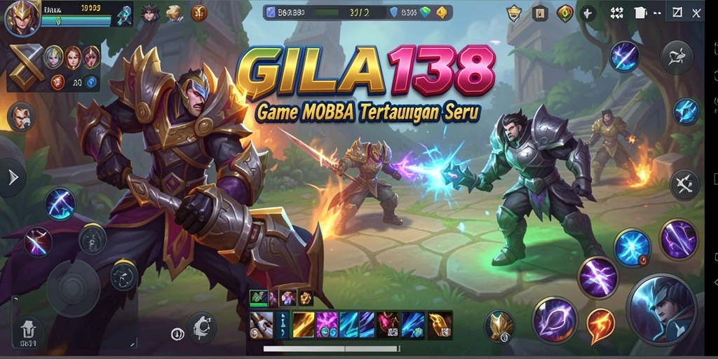 Tangkapan layar GILA138 menampilkan pertempuran tim yang intens dalam permainan MOBA.