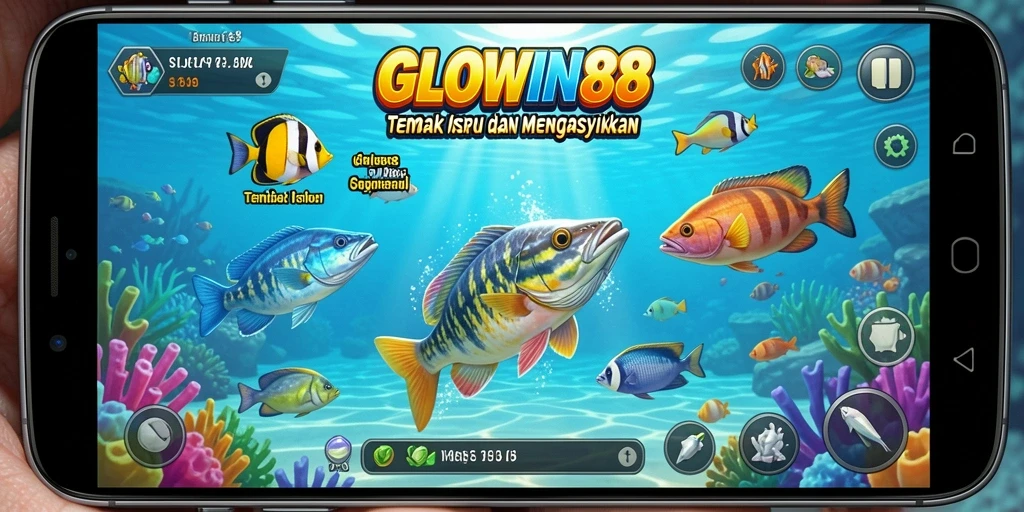 Screenshot gameplay GLOWIN88 dengan ikan berwarna-warni yang menarik.