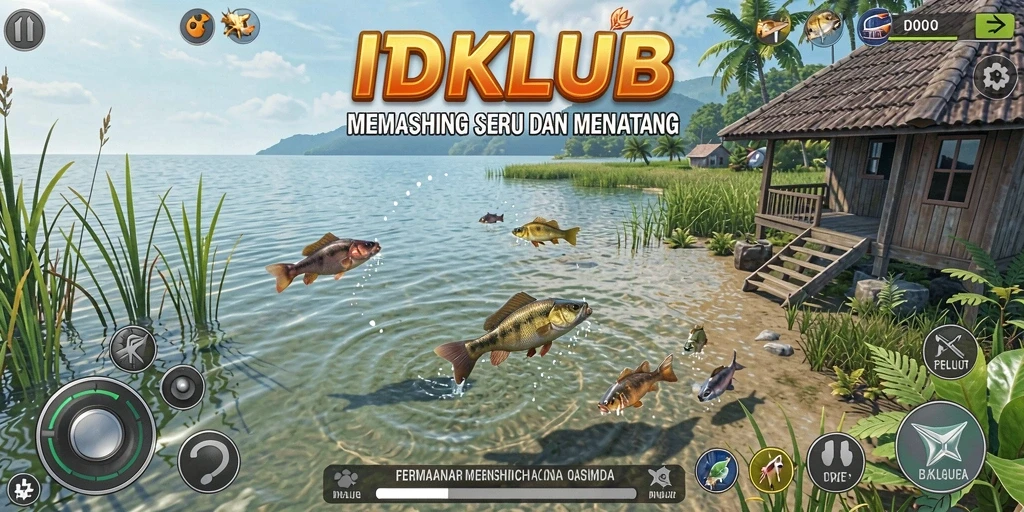 Tampilan gameplay seru di dalam IDKLUB dengan aktivitas memancing.