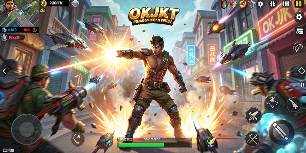 Tangkapan layar gameplay OKJKT menampilkan pertarungan yang intens dan karakter yang dinamis.