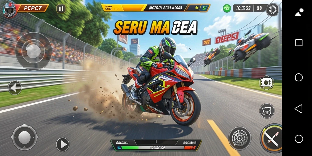 Tangkapan layar menampilkan aksi seru balapan motor di PCPC7.
