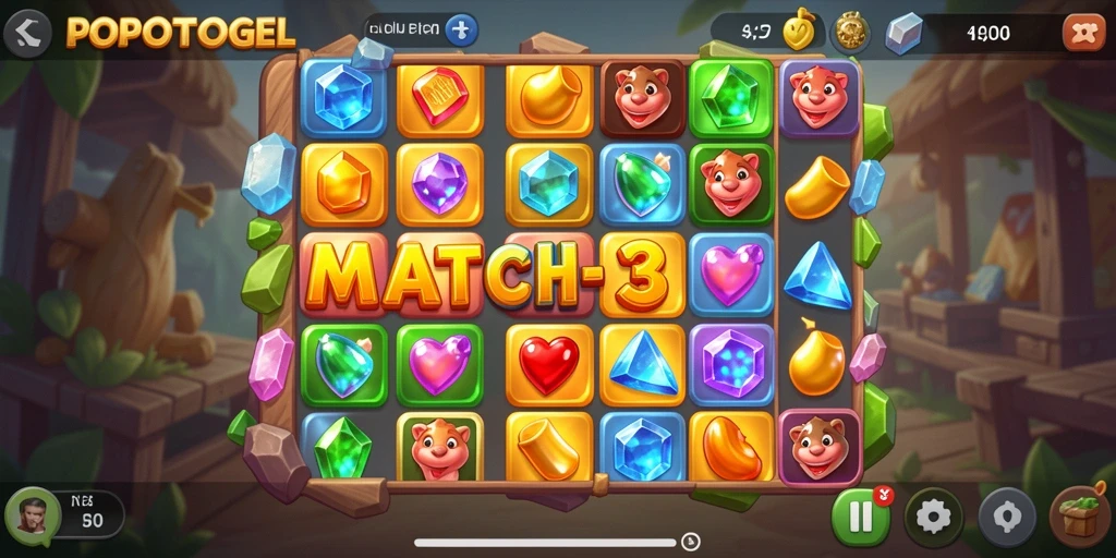 Screenshot gameplay POPOTOGEL yang menampilkan kombinasi objek dalam permainan Match-3.