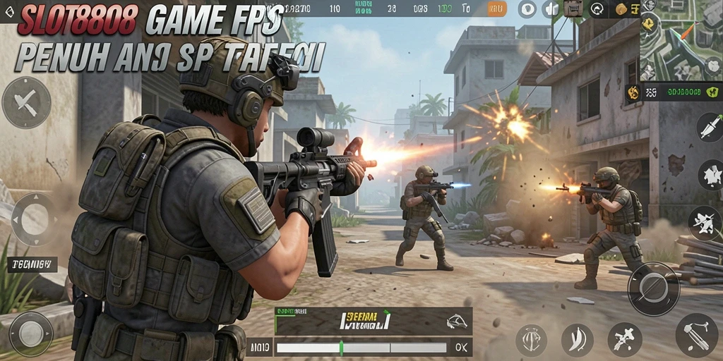 Tampilan gameplay SLOT8808 dengan aksi menegangkan di medan perang.