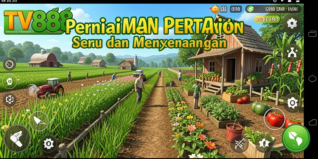 Tampilan gameplay seru di dunia pertanian TV888 dengan berbagai aktivitas.