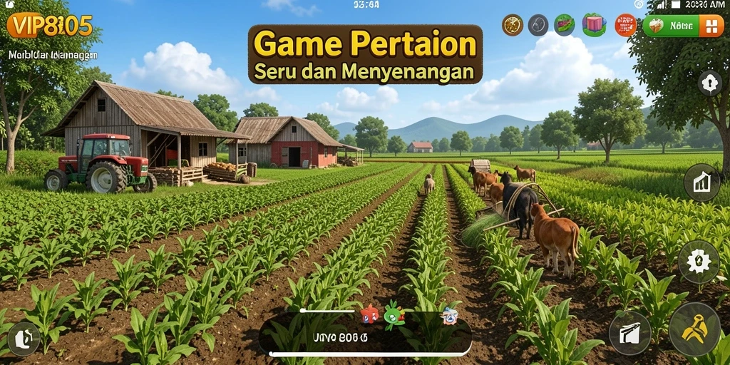 Screenshot utama gameplay VIP805 menunjukkan ladang subur dengan tanaman beragam.