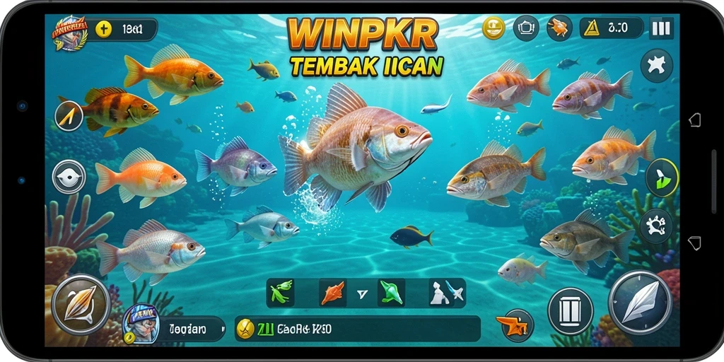 Gameplay seru WINPKR dengan penembakan ikan yang mendebarkan.