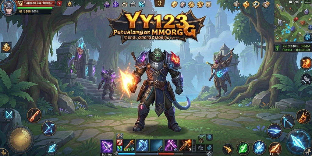 Screenshot gameplay YY123 menampilkan pertarungan epik di dunia MMORPG.
